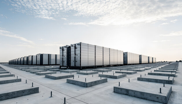 Industrial battery energy storage system facility unfinished installation with large metal containers on concrete foundations