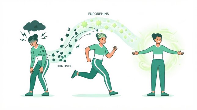 Illustration shows a progression from stress to wellness through exercise, highlighting cortisol and endorphins impacting mental health.