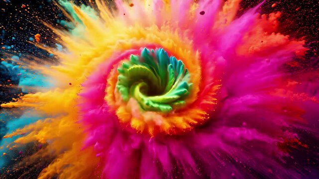 Vibrant multicolored powder exploding and swirling in circular motion. Abstract rainbow dust cloud with dynamic particle movement.