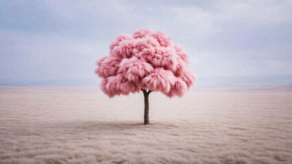 Fototapeta premium Arbre avec fourrure rose dans un champ avec fourrure beige