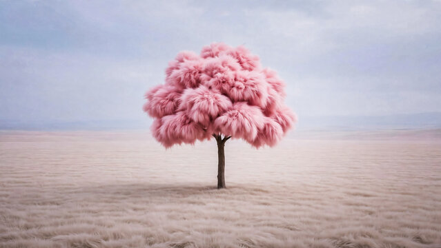 Arbre avec fourrure rose dans un champ avec fourrure beige
