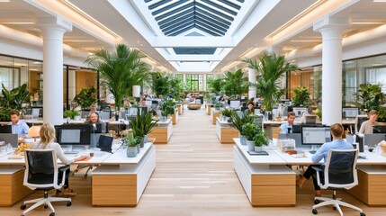Fototapeta premium Open plan office with rows of desks, natural light, and indoor plants