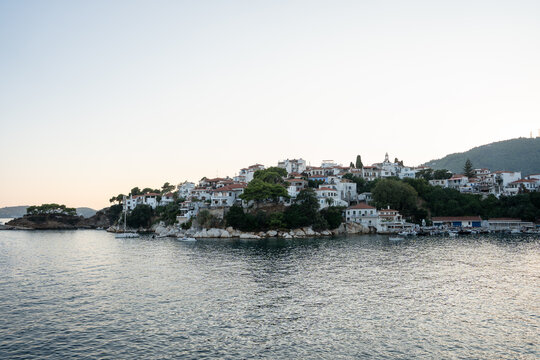 Skiathos town looking at historic Plakes. Part of the Sporades islands. Greek holiday and vacation picture.