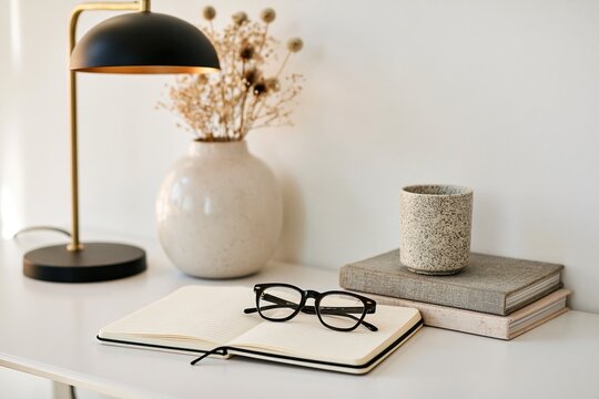 Minimalist home office desk with notebook and glasses