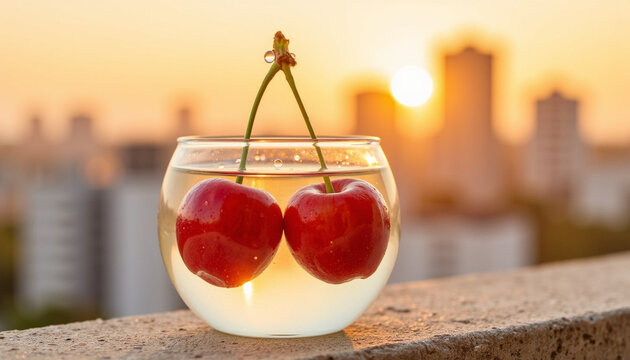 Fresh cherries in a glass bowl with sunset city background  
