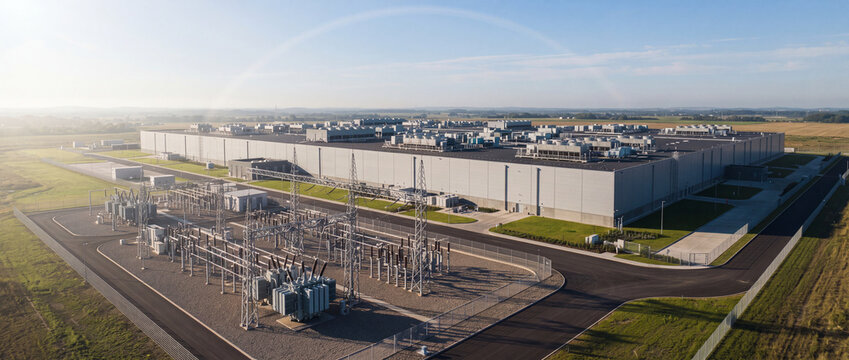 Data center facility with electrical substation, showing aerial view of modern industrial architecture, rooftop cooling chillers, and power transformers for cloud computing infrastructure