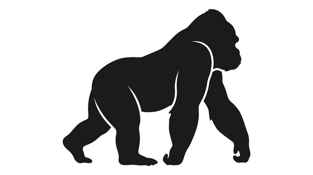 Minimalist black silhouette walking gorilla graphic design element against solid white background with gorilla isolated clean black illustration
