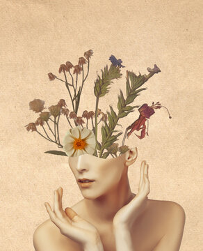 Abstract contemporary art collage portrait of young woman with flowers on sad face