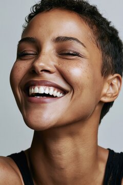 Smiling young woman feeling joy and happiness