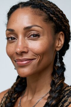 Confident black woman smiling with braided hair