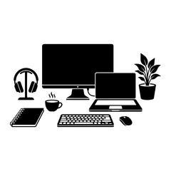 Fototapeta premium Black and white silhouette of a computer workstation with a monitor, laptop, keyboard, mouse, headphones, notebook, coffee, and plant