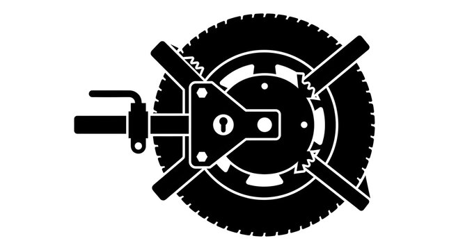 Black and white vector icon of a wheel clamp attached to a vehicle tire, representing parking enforcement, penalty, security, and immobilization.