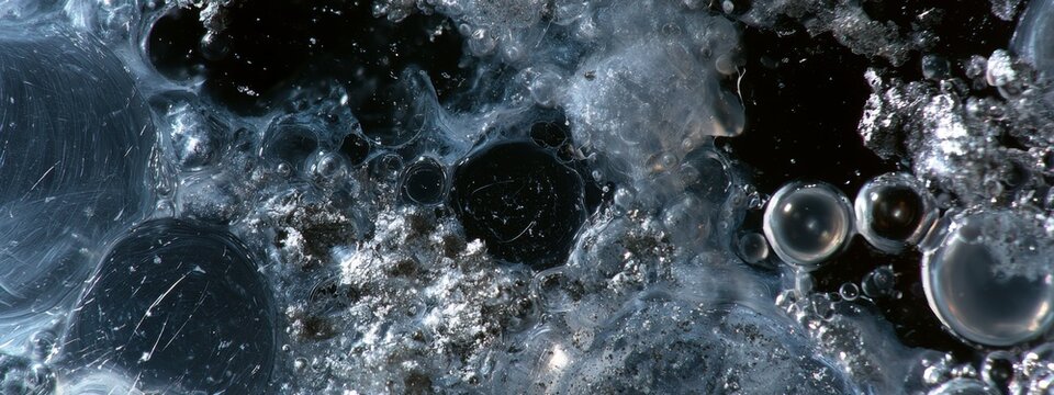 Macro View of Photographic Film Grain Under Microscopic Observation with Bubbles and Texture Variations