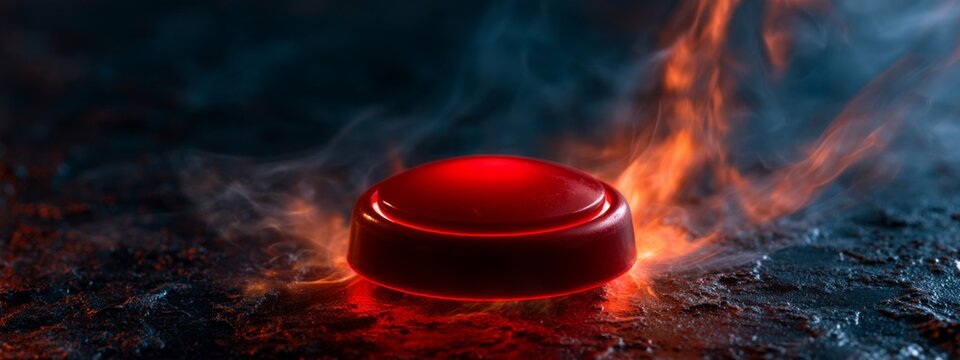 Bright Red Emergency Stop Button Surrounded by Smoke and Dramatic Lighting for Safety Concept