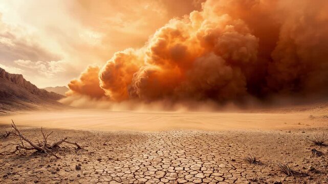 Sandstorm engulfing cracked desert landscape under orange sky. Wide shot of advancing dust wall in arid environment.