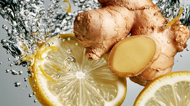 Fresh ginger root and lemon slices floating in splashing water, vibrant healthy ingredients for immune-boosting tea, natural wellness drink composition.