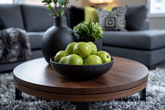 Fresh green pears in fruit bowl on coffee table