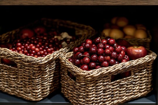 Ripe cherries and cranberries in rustic baskets