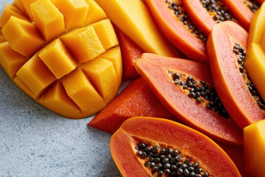 Sliced fresh mango and papaya tropical fruits representing healthy eating