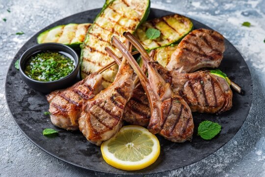 Grilled lamb chops with zucchini and green sauce