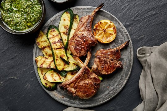 Grilled lamb chops with zucchini and pesto sauce