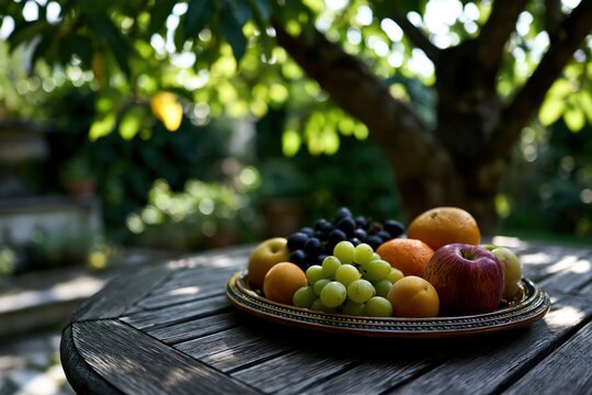 Fresh fruit platter sitting on outdoor wooden table