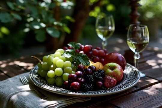 Fresh fruit platter with wine outdoors on sunny day