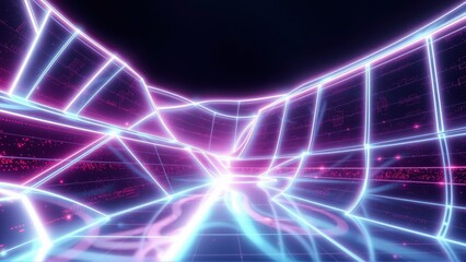 Fototapeta premium Retro neon grid tunnel. Bright pink, blue lines create futuristic perspective. Dark background emphasizes glowing digital aesthetic.