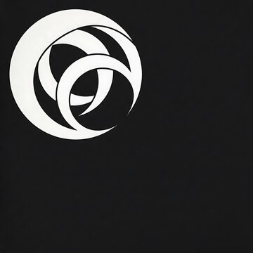 Minimalist geometric logo on black background, white circular abstract icon, modern graphic symbol for corporate branding