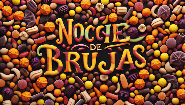 Texto colorido de Noche de brujas hecho de caramelos