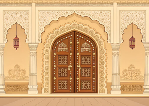 Grand haveli entrance featuring ornate wooden double doors, premium flat vector