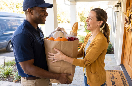 Smiling delivery man handing a grocery bag to a woman at her front door. Thanksgiving food donation and holiday meal delivery concept for community support and gratitude