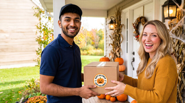 Man delivering a package to a smiling woman at a Halloween decorated home. Seasonal e-commerce retail, doorstep delivery and holiday shopping concept