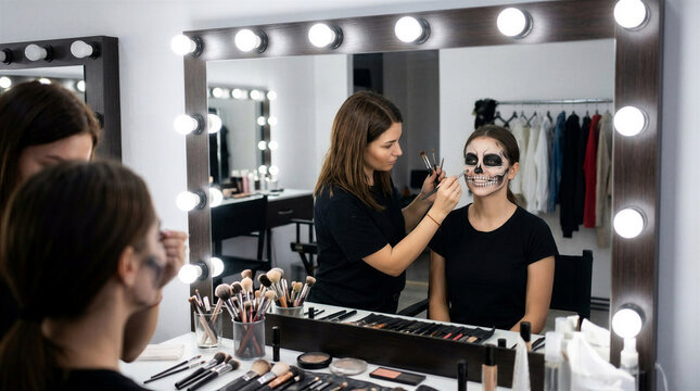 Makeup artist applying skull face paint to a woman in a dressing room. Halloween costume preparation with cosmetics, beauty tools, and theatrical makeup for festive retail promotion