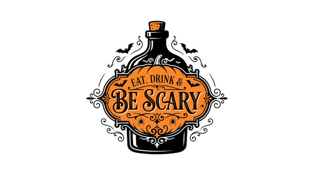 Vintage style halloween potion bottle illustration with decorative label and the text be scary on white background