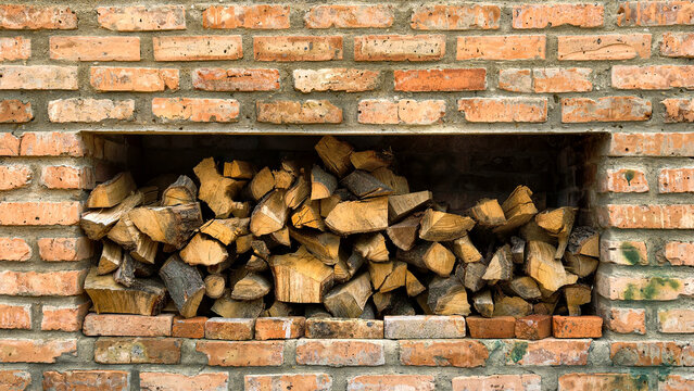 Stacked firewood in a rustic brick wall niche, ready for winter warmth and home heating, representing energy, coziness, tradition, and sustainable fuel sources