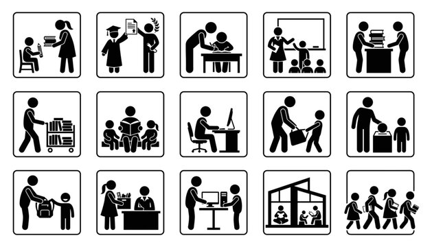 Educational and schoolthemed stick figure icons set