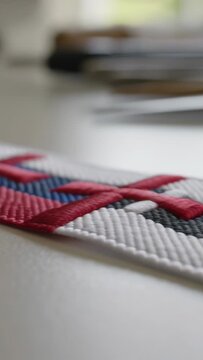 Vertical video: Starting low camera moving along embroidered strap on table, revealing red stitch