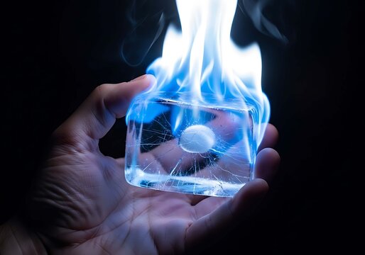 Abstract Ice Cube in Hand with Blue Flame and Smoke Effect for Conceptual Background Design