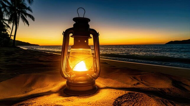 A serene beach scene at sunset with a vintage lantern lit on the sand