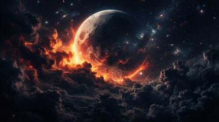 Fototapeta premium Cosmic Planet Burning in Outer Space Nebula