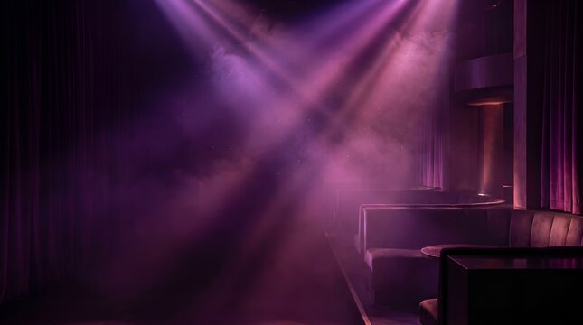 Empty theater seats bathed in dramatic purple stage lighting