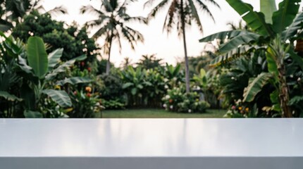 Fototapeta premium Tropical Garden with White Tabletop for Product Display