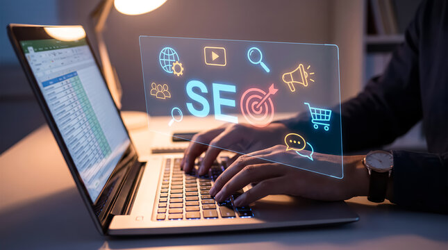 Digital marketing and seo optimization concept with modern technology hologram on laptop screen