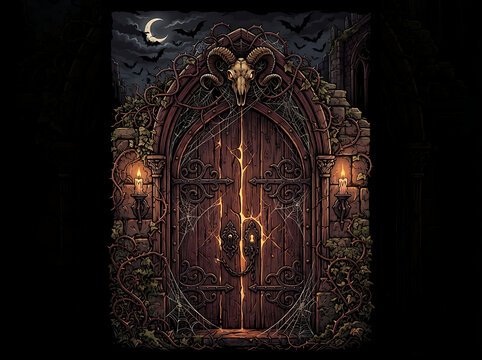 Dark gothic doorway with ram skull and cobwebs illustration against a night sky