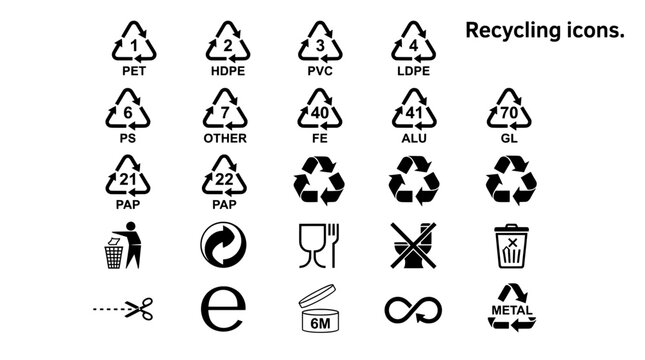 Recycling icons set, black plastic resin identification codes and waste management symbols, 24 eco-friendly vector signs for sustainable packaging design