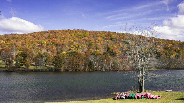 Autumn lake view with colorful canoes and fall foliage