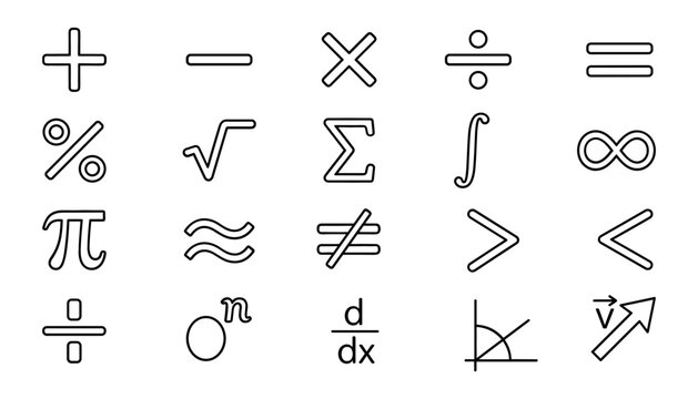 Mathematical Operator and Algebra Equation Line Icon Set Featuring Arithmetic Calculations Calculus Derivatives Exponents Geometry Angles Infinity and Pi Notation Symbols