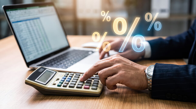 Businessman using calculator and laptop with digital percentage symbols at office desk, concept of financial analysis, interest rates, and accounting