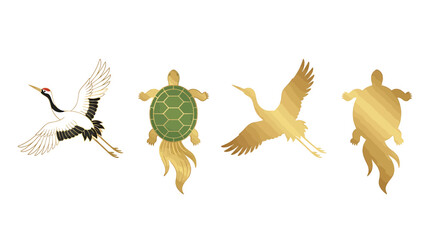 Naklejka premium Golden origami cranes and turtles representing peace and longevity, in a traditional Japanese art style.